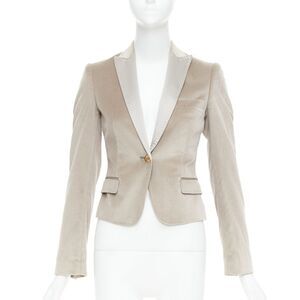 DOLCE GABBANA beige velvet satin peak lapel cropped tux blazer IT36 XXS